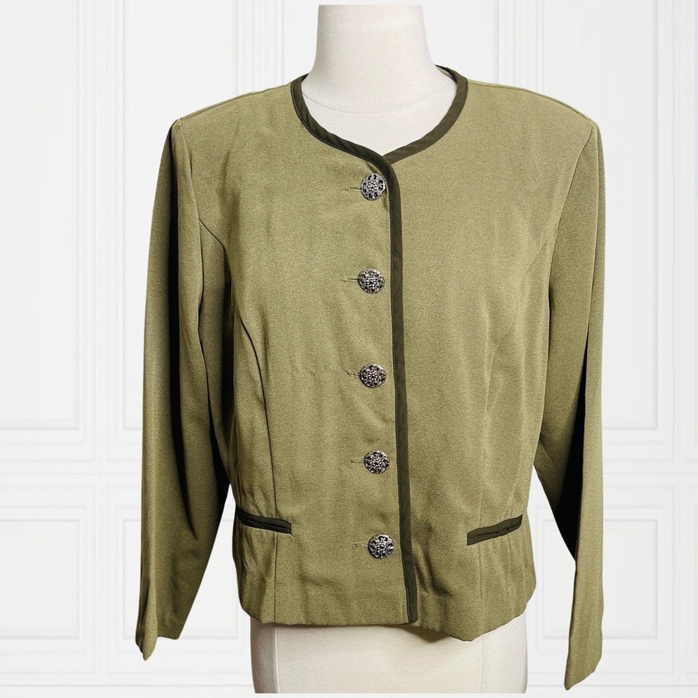 Positive Attitude Petite Olive Green Collarless Blazer Silver Filigree Button M